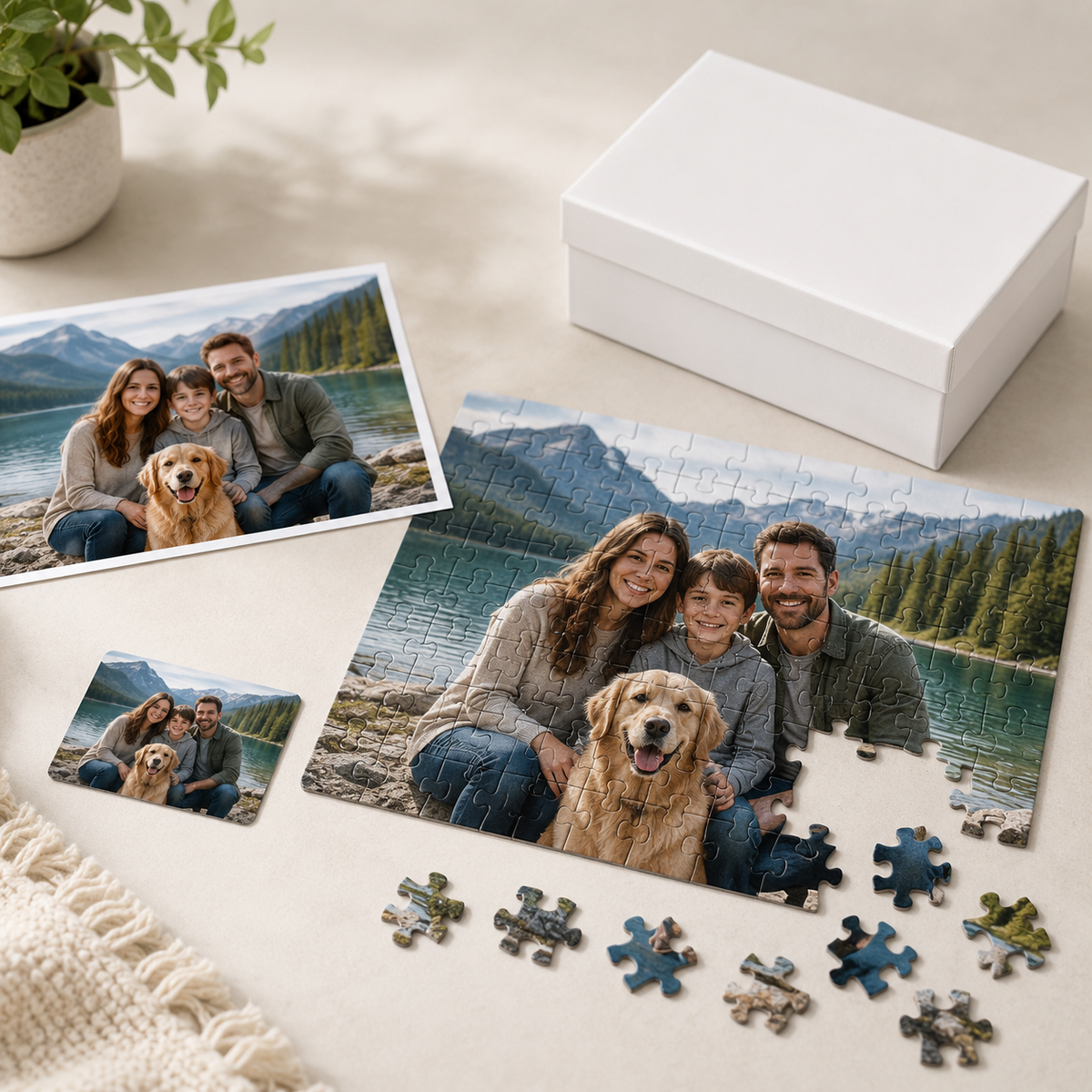 Custom family photo jigsaw puzzle set displayed on a light beige surface, featuring a large completed puzzle, two smaller uncompleted puzzle pieces, loose puzzle pieces, a blank white box, and a small potted plant.