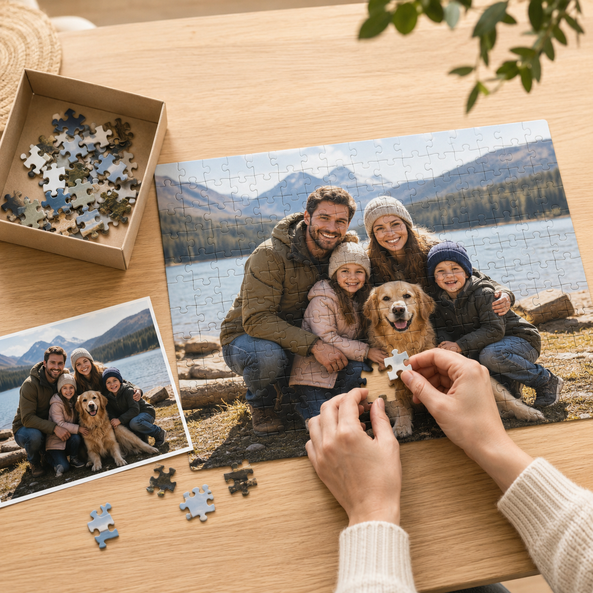 A custom family photo jigsaw puzzle being assembled on a wooden table, with a cardboard box of loose puzzle pieces, a small printed photo reference, and a person's hands placing a piece. The completed puzzle shows a smiling family of five and a golden retriever by a mountain lake.