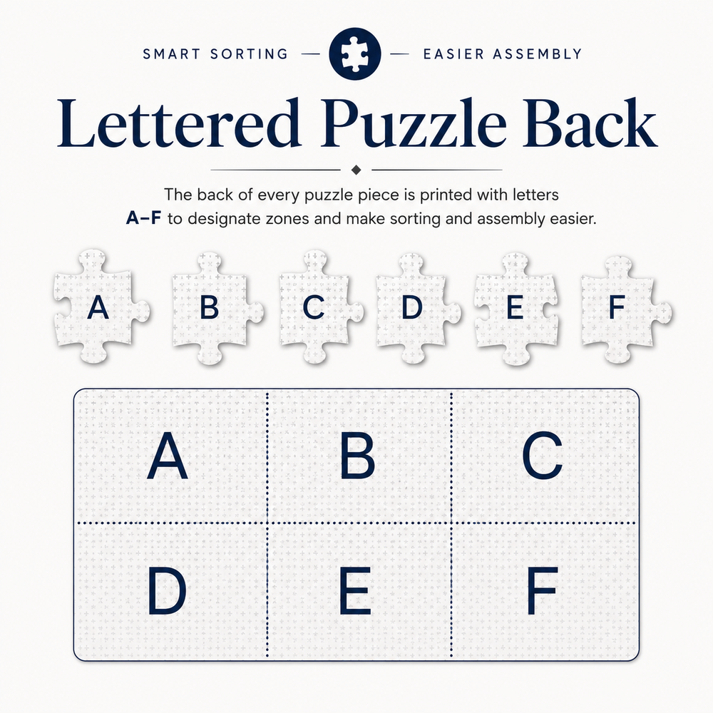 Letters A–F on the backs of puzzle pieces group the puzzle into six sections for easier sorting and assembly