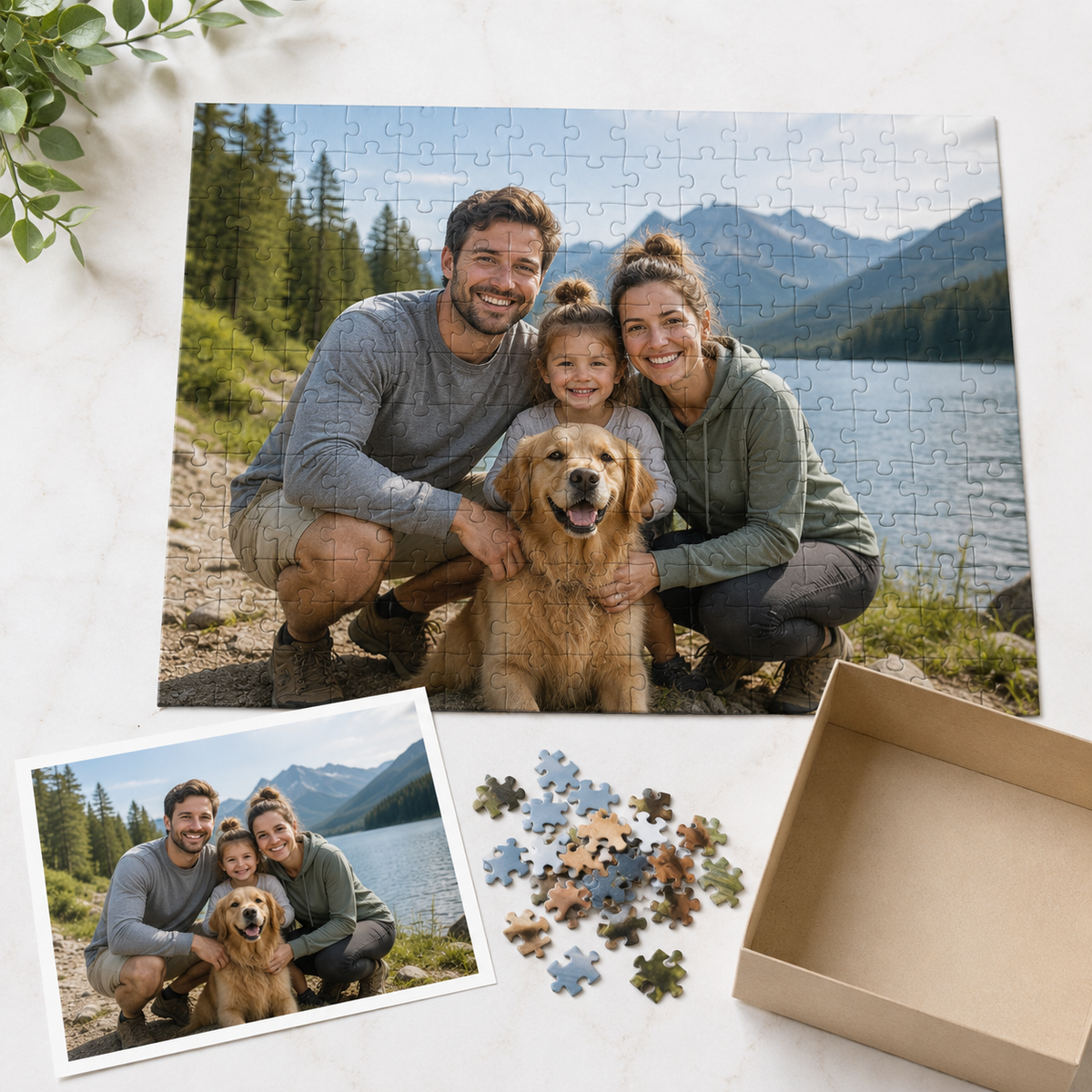 A completed family photo puzzle beside the full matching printed photo, loose puzzle pieces, and an open box