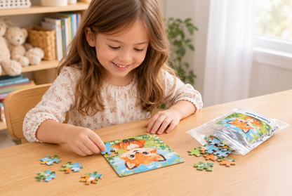 A young girl with long brown hair smiles while assembling a custom illustrated fox jigsaw puzzle on a wooden table. The puzzle box, labeled 'Custom Puzzle' and showing a cartoon fox, sits to her right.