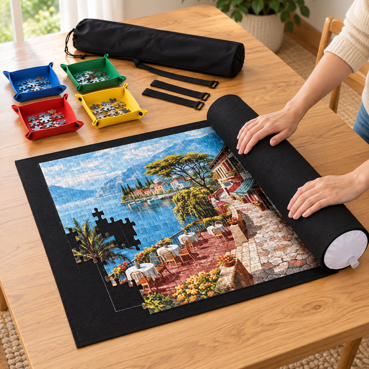 Hands rolling a black puzzle mat around a partially assembled scenic jigsaw puzzle.